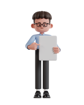 Curly Haired Businessman Pointing At Blank White Paper  3D Illustration