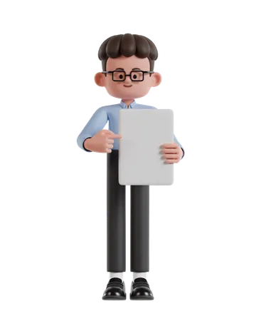 3 D Illustration Of Cartoon Curly Haired Businessman Wearing Glasses Pointing At Blank White Paper 3D Illustration
