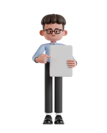 Curly Haired Businessman Pointing At Blank White Paper  3D Illustration