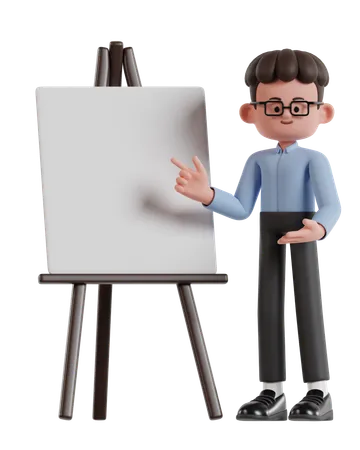 3 D Illustration Of Cartoon Curly Haired Businessman Wearing Glasses Pointing On A Presentation Board 3D Illustration