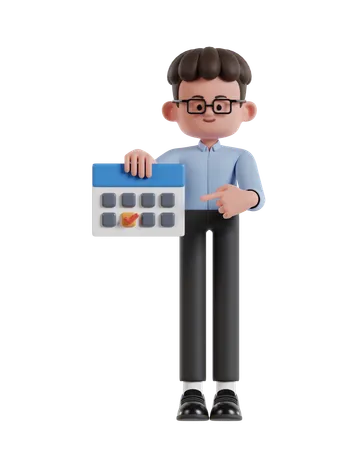 3 D Illustration Of Cartoon Curly Haired Businessman Wearing Glasses Pointing To Deadline Date On Calendar 3D Illustration