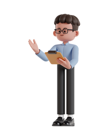 Curly Haired Businessman Presenting While Holding Clipboard  3D Illustration