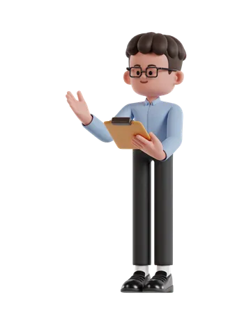 3 D Illustration Of Cartoon Curly Haired Businessman Wearing Glasses Presenting While Holding Clipboard 3D Illustration