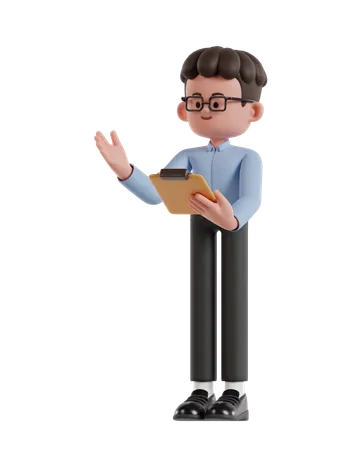 Curly Haired Businessman Presenting While Holding Clipboard  3D Illustration