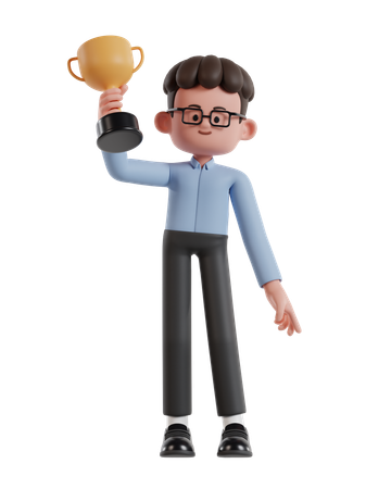 Curly Haired Businessman Raises Trophy With Right Hand  3D Illustration