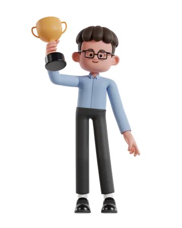 3 D Illustration Of Cartoon Curly Haired Businessman Wearing Glasses Raises Trophy With Right Hand 3D Illustration