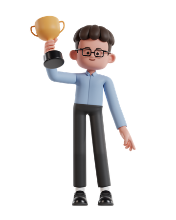 Curly Haired Businessman Raises Trophy With Right Hand  3D Icon