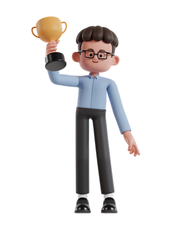 Curly Haired Businessman Raises Trophy With Right Hand  3D Illustration