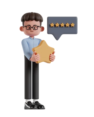 3 D Illustration Of Cartoon Curly Haired Businessman Wearing Glasses Received And Earned A Five Star Rating 3D Illustration