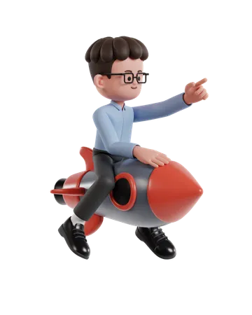 3 D Illustration Of Cartoon Curly Haired Businessman Wearing Glasses Riding A Rocket While Pointing Forward 3D Illustration