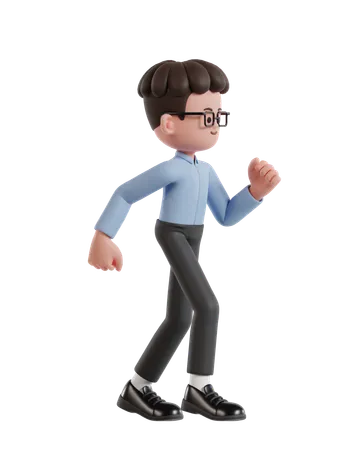 3 D Illustration Of Cartoon Curly Haired Businessman Wearing Glasses Running 3D Illustration