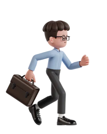 3 D Illustration Of Cartoon Curly Haired Businessman Wearing Glasses Running With Briefcase 3D Illustration