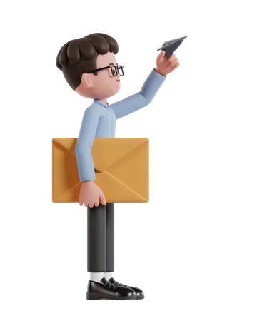 3 D Illustration Of Cartoon Curly Haired Businessman Wearing Glasses Sending Message With Paper Plane 3D Illustration