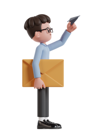 Curly Haired Businessman Sending Message With Paper Plane  3D Icon