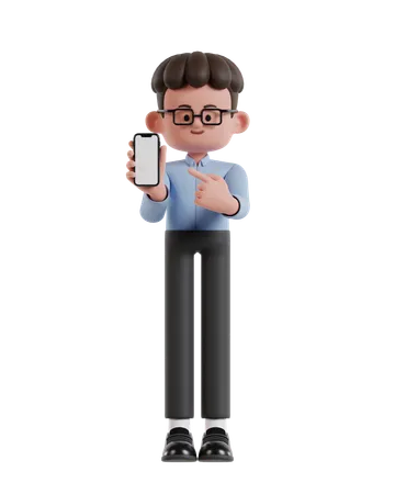 3 D Illustration Of Cartoon Curly Haired Businessman Wearing Glasses Showing Cellphone Screen 3D Illustration