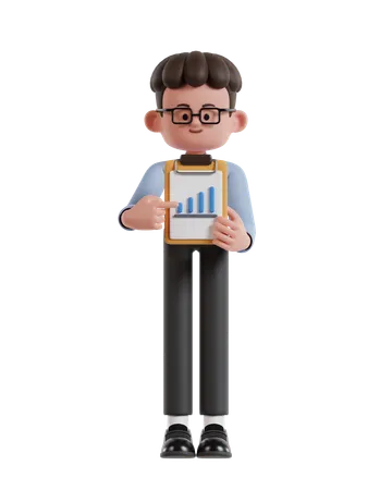3 D Illustration Of Cartoon Curly Haired Businessman Wearing Glasses Shows Improvement Data On Paper Clamped To A Clipboard 3D Illustration