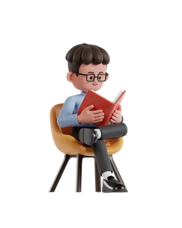 3 D Illustration Of Cartoon Curly Haired Businessman Wearing Glasses Is Sitting On A Chair And Reading A Book 3D Illustration