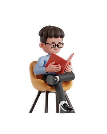 Curly Haired Businessman Sitting On Chair And Reading Book  3D Illustration