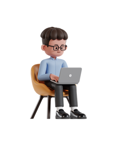 Curly Haired Businessman Sitting On Chair And Working On Laptop  3D Illustration