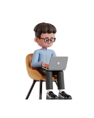 3 D Illustration Of Cartoon Curly Haired Businessman Wearing Glasses Sitting On A Chair And Working On A Laptop 3D Illustration