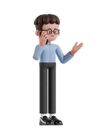 3 D Illustration Of Cartoon Curly Haired Businessman Wearing Glasses Talking Business On The Phone 3D Illustration