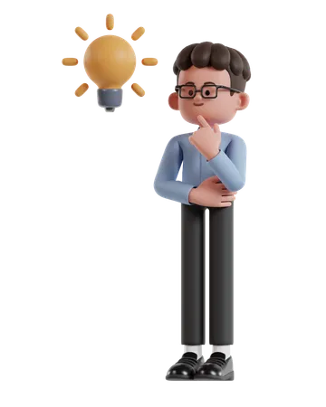 3 D Illustration Of Cartoon Curly Haired Businessman Wearing Glasses Thinking Holding Hand On Chin Looking For Ideas 3D Illustration