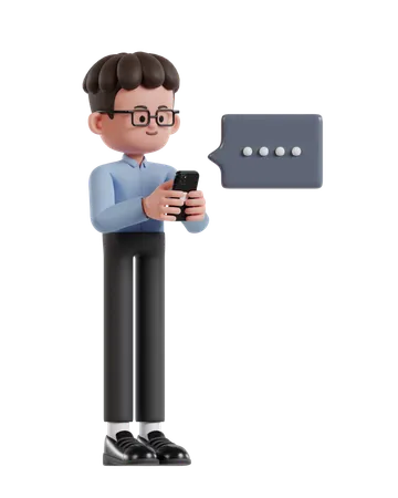 3 D Illustration Of Cartoon Curly Haired Businessman Wearing Glasses Typing Message On Cell Phone 3D Illustration