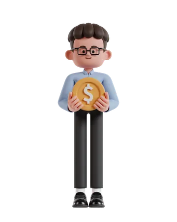 3 D Illustration Of Cartoon Curly Haired Businessman Wearing Glasses Carrying Dollar Coins 3D Illustration