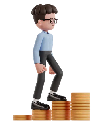 3 D Illustration Of Cartoon Curly Haired Businessman Wearing Glasses Climbing Up On Chart Of Dollar Coins 3D Illustration