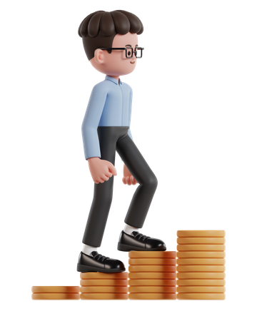 Curly Haired Businessman Wearing Glasses Climbing Up On Chart Of Dollar Coins  3D Illustration