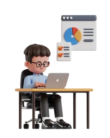 3 D Illustration Of Cartoon Curly Haired Businessman Wearing Glasses Working On Laptop At Office Desk 3D Illustration