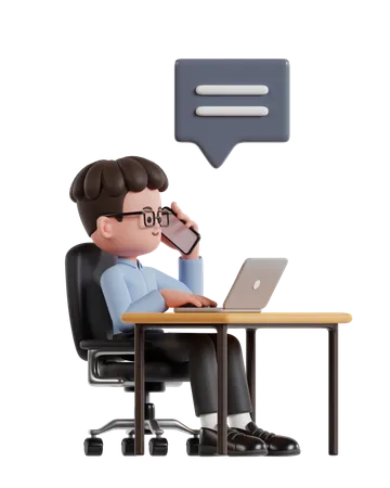 3 D Illustration Of Cartoon Curly Haired Businessman Wearing Glasses Working On Laptop While Talking On Phone 3D Illustration