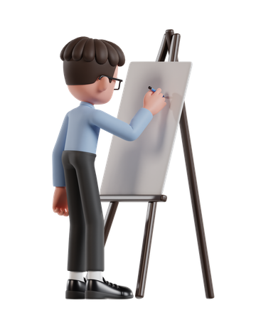 Curly Haired Businessman Writing On Presentation Board  3D Illustration