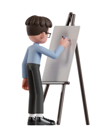 3 D Illustration Of Cartoon Curly Haired Businessman Wearing Glasses Is Writing On Presentation Board 3D Illustration