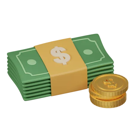 A 3 D Rendering Of A Bundle Of Cash Tied With A Band And A Stack Of Coins Beside It Representing Wealth And Financial Assets 3D Icon