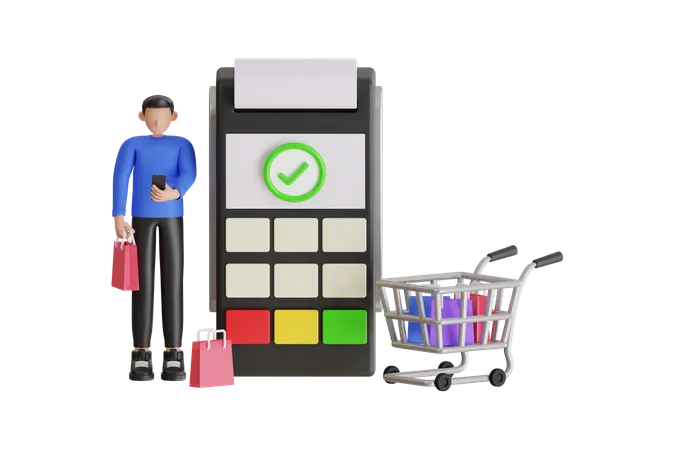 3 D Illustration Of Customer Paying With Smartphone At Checkout Mobile Payment Using NFC Technology Man Making Contactless Payment In Supermarket 3D Icon