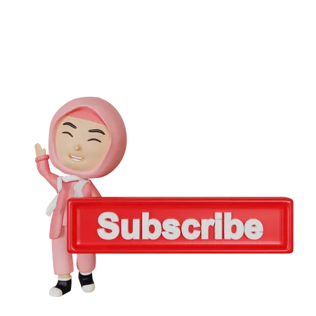 Cute Arabic girl with subscribe button  3D Illustration