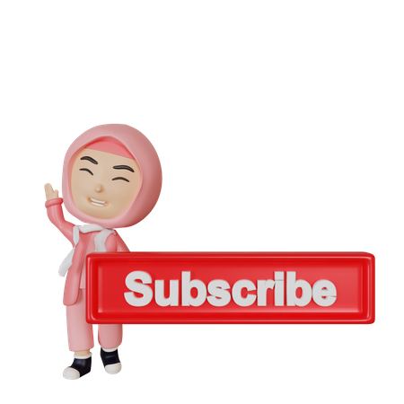 Cute Arabic girl with subscribe button 3D Illustration