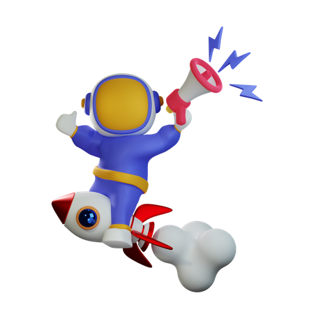 Cute Astronaut Riding Rocket with megaphone  3D Illustration