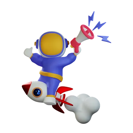 Cute Astronaut Riding Rocket with megaphone  3D Illustration