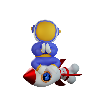 Cute Astronaut Riding Rocket with Namaste Hand Gesture  3D Illustration