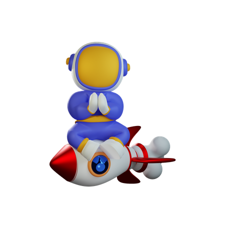 Cute Astronaut Riding Rocket with Namaste Hand Gesture 3D Illustration
