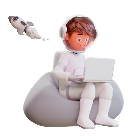 Cute astronaut sit and hold laptop 3D Illustration
