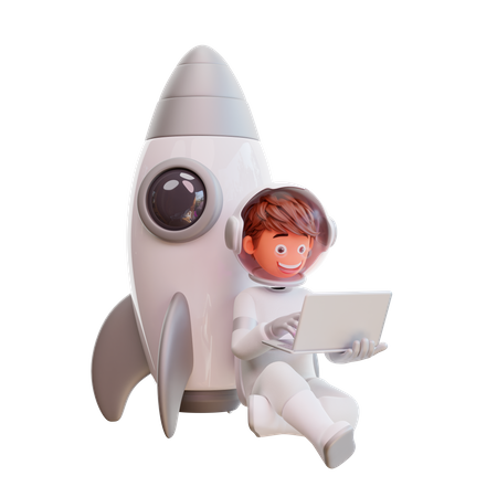 Cute astronaut sit and working on laptop  3D Illustration