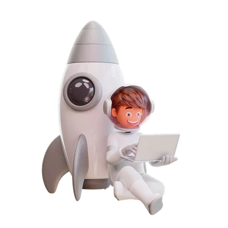 Cute astronaut sit and working on laptop  3D Illustration