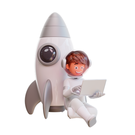 Cute astronaut sit and working on laptop 3D Illustration