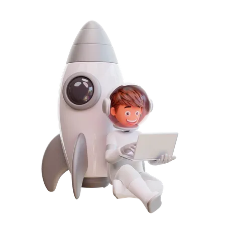 Cute astronaut sit and working on laptop 3D Illustration