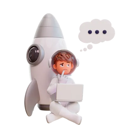 Cute astronaut sit crossed legs hold laptop and thinking about something 3D Illustration