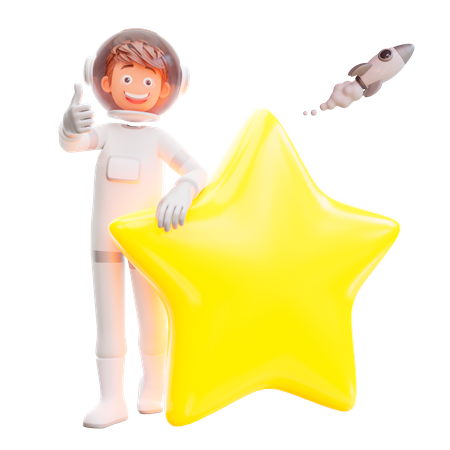 Cute astronaut standing with big star 3D Illustration