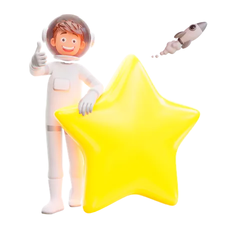 Cute astronaut standing with big star  3D Illustration